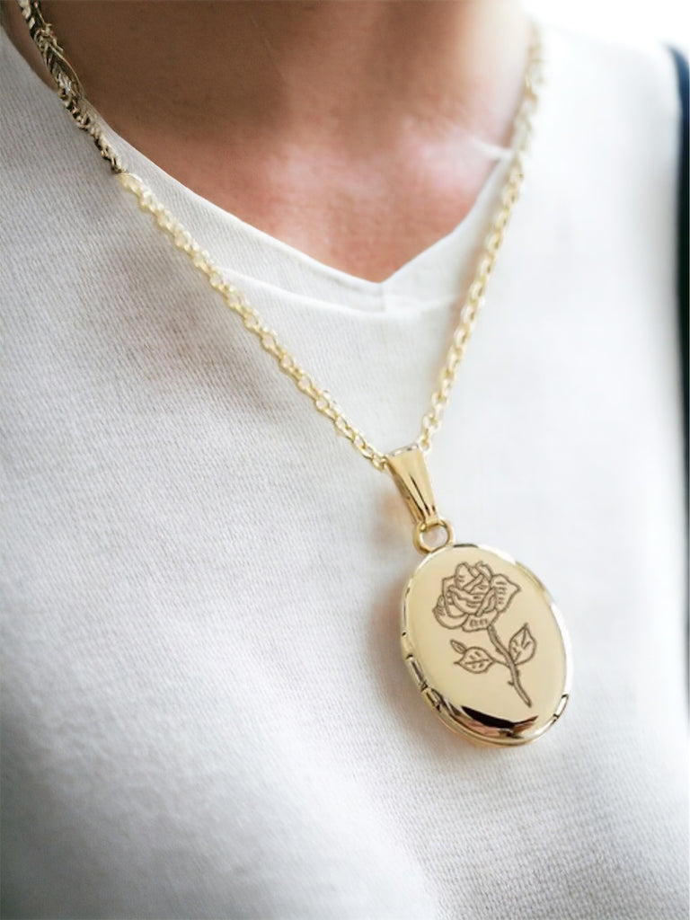 Cherished Moments in an Oval-Shaped Rose Flower Design Locket Pendant