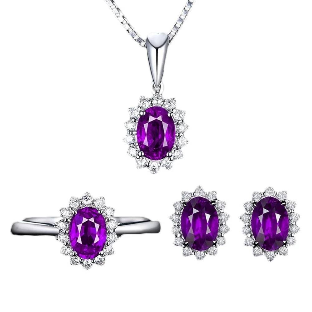 Austrian Purple Rhinestones Jewelry Set Zircon Pendant Necklace Earrings Ring