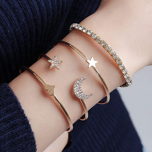 Gold Fashion Charm Cuff Bracelet Bangle Set Star Moon Heart