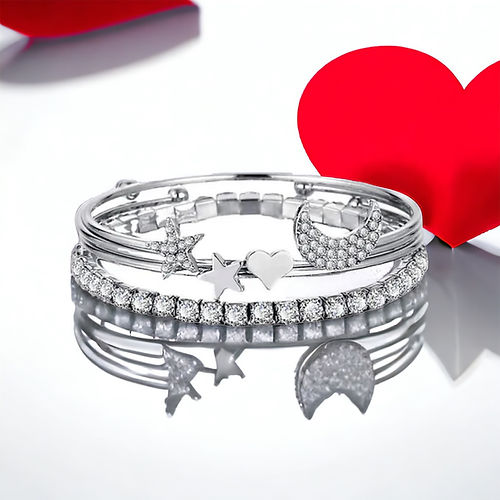 Silver Fashion Charm Cuff bracelet Bangle Set Star Moon Heart