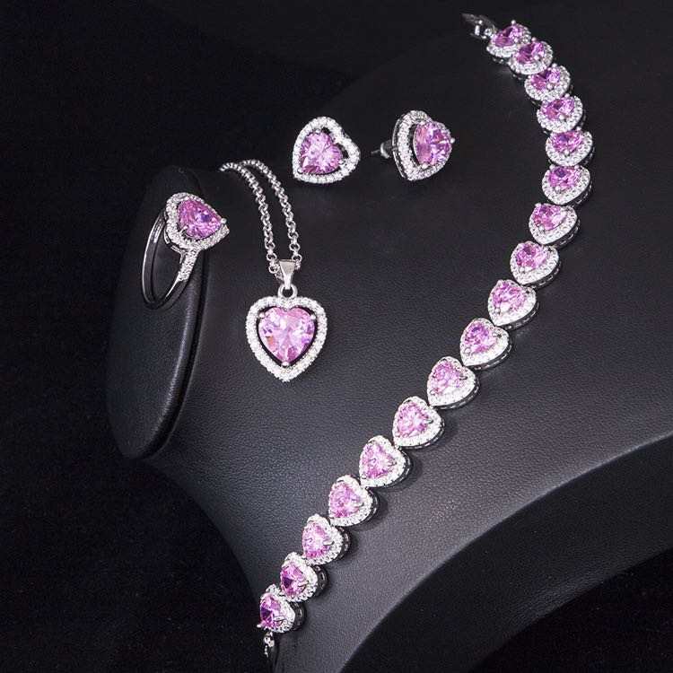 Elegant Pink Zircon Necklace Earrings and Bangle Jewelry Set